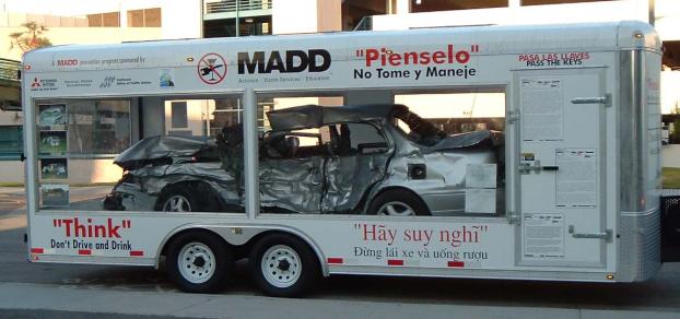 A display of a vehicle involved in a drunk-driving accident.