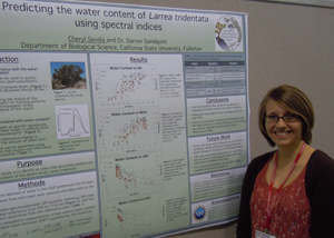 Blond-haired woman stands beside her poster on “Predicting the Water Content of Larrea Tridentata Using Spectral Indices.”