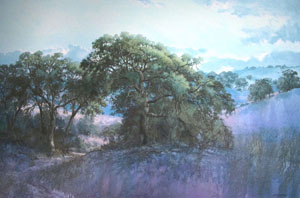 oil painting of trees among pinkish-purple fields.