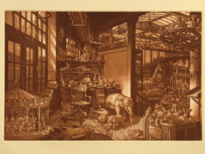 A sepia-toned print of a toy shop made from a copper ething.