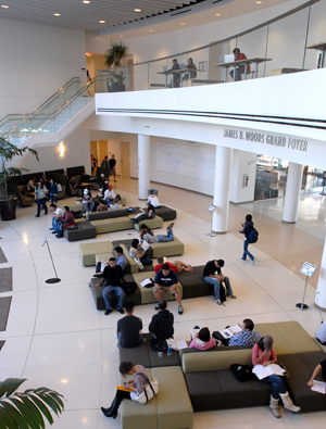 Students utilize the grand foyer in Mihaylo Hall.