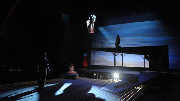 An angel ‘floats’ above the stage of the production of “Owen Meany.”