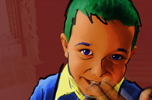 A colored drawing of a little boy named “Mason.”