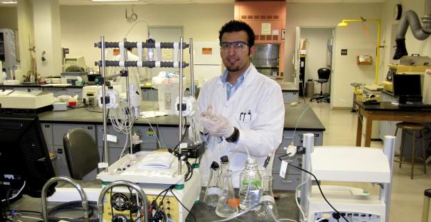 Junior biochemistry major Ramin Farhad works in a lab.