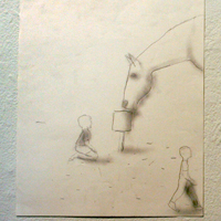 pencil drawing of a horse drinking out of a bucket as a child looks on.