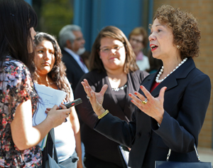 Incoming CSUF President Mildred García talks to students.