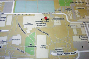 Closeup of a Google Map showing Cal State Fullerton