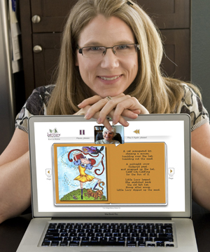 blond woman holding a laptop with a screenshot featuring a story