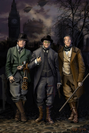 colored drawing featuring three men in Victorian garb.