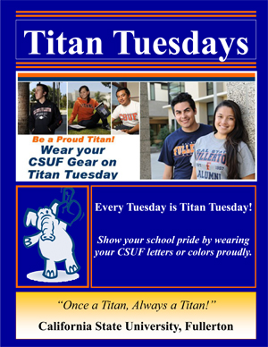 color poster with images of students wearing CSUF shirts, sweatshirts.