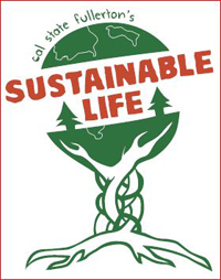logo featuring a green world growing out of a tree truck with the words Sustainable Life across the middle.
