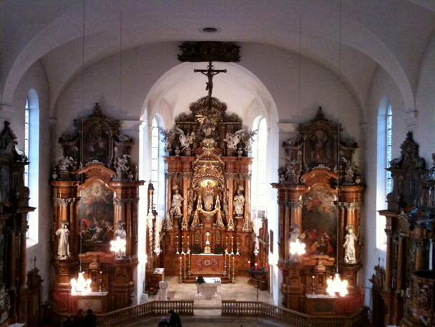 The interior of a gothic church.