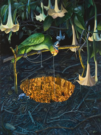 Surreal painting of a colorful parrot dangling a string into a brightly lit pit full of miniature people.