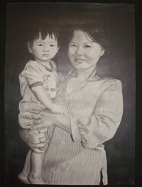 Pencil drawing of a mother and holding her son