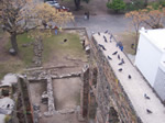 Aerial view of some older buildings.