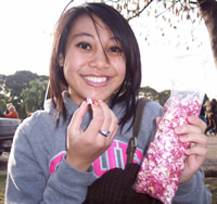 Doreen enjoying pink-colored popcorn