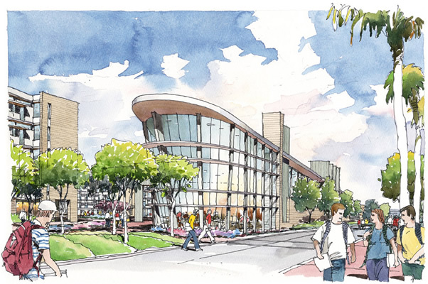 Artist's rendering of new student housing-modern buildings, wide walkways, trees and greenbelts feature prominently.