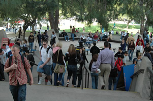 Students walking around on campus