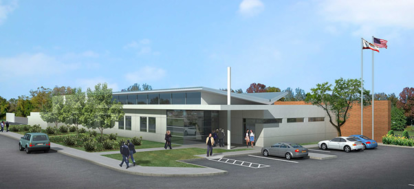 Artist rendering of a new, modern building and landscaped grounds