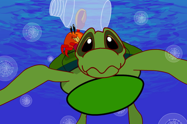 Cartoon crab riding a cartoon turtle