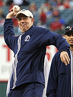 Bob Burton throwing a pitch at an Angels baseball game