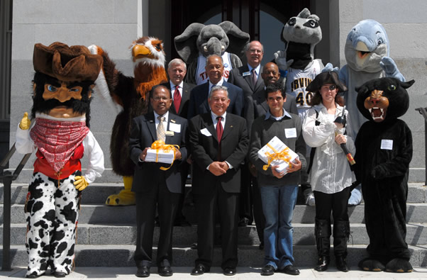 University chancellors and presidents join with mascots on the steps of California's capitol building.