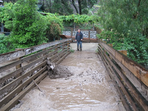 A stream floods over the edges of a bridge.