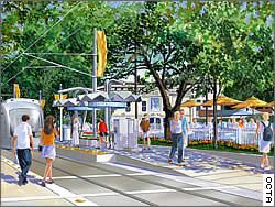 Artist rendition of the proposed CenterLine light rail system in downtown Santa Ana.