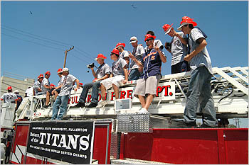 Fullerton fire truck carrying Titans team members